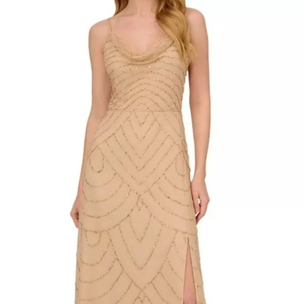 Adrianna Papell Art Deco Beaded Cowl-Neck Maxi Gown Nude Sz 10